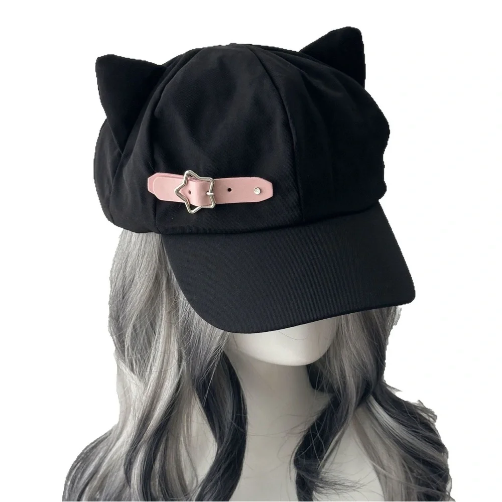 Black Cat Ear Cap with Pink Star Buckle